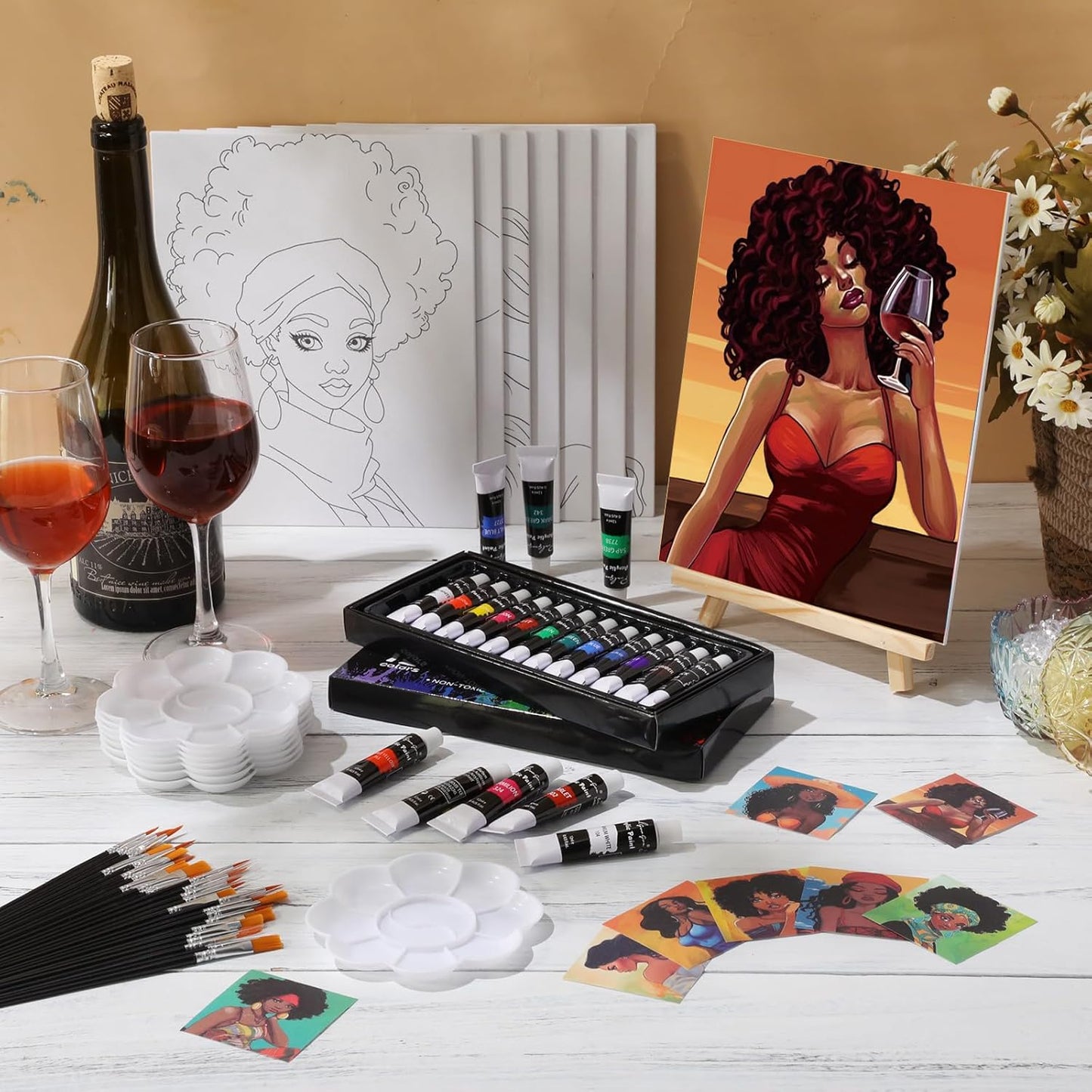 Cholemy 36 Pcs Paint and Sip Kit for Adults 8''x10'' Pre Drawn Canvas for Painting DIY Afro Acrylic Painting Kit Wood Easel Brushes Date Night Bulk for Christmas Party Gifts(Fashion Women)