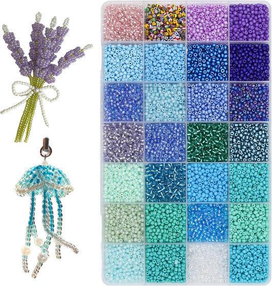 11200pcs Glass Seed Beads for DIY Crafting Bracelet Necklace Embroidery Jewelry Making Supplies (3mm, 400pcs/Color, 28 Colors, Blue Scheme)