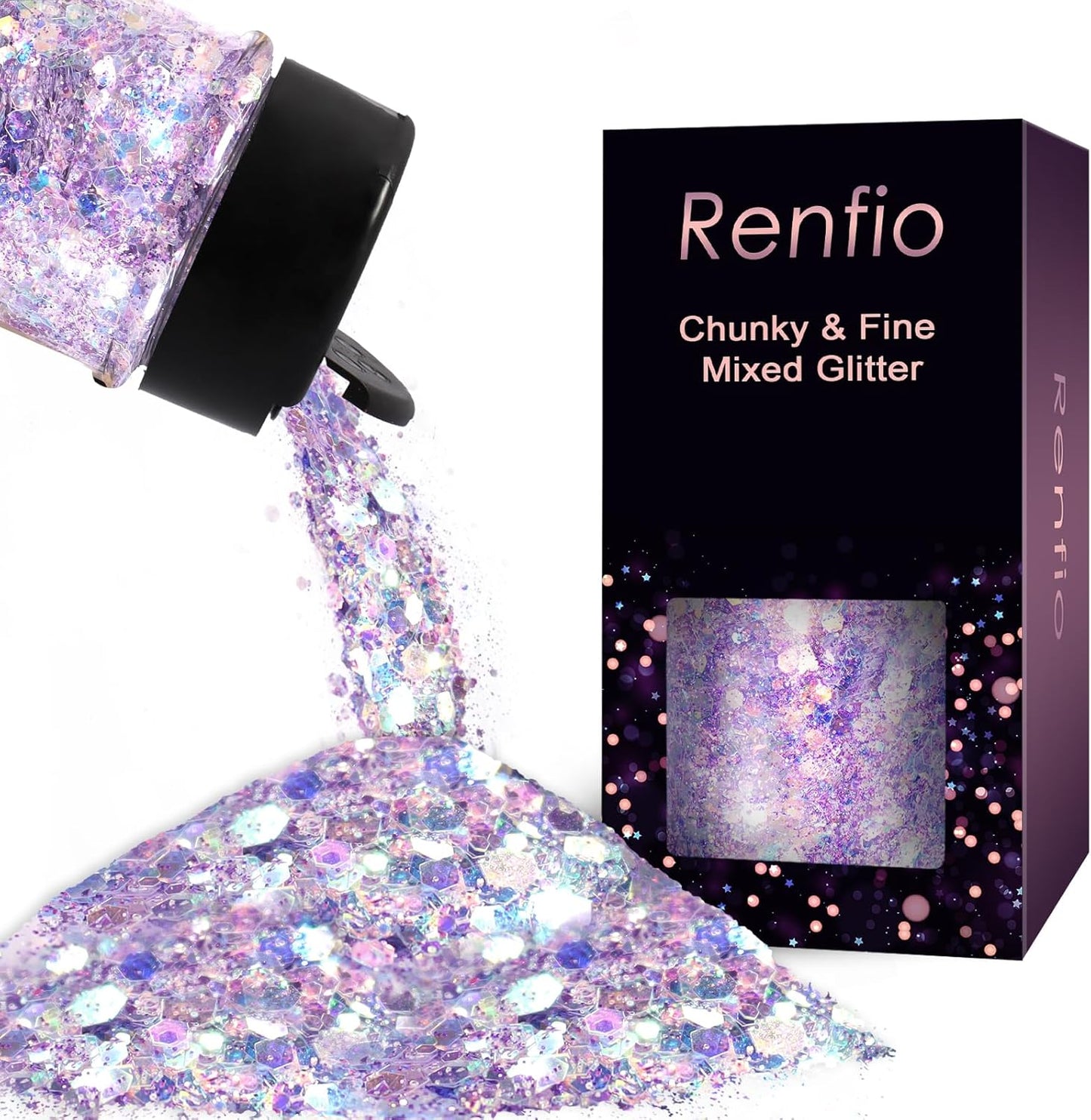 Renfio Opal Chunky Glitter, 1.75oz/50g Purple Glitter, Dreamy High Sparkle Glitter for Crafts Holographic Fine Glitter Mix Iridescent Glitters Flake for Nails Art Hair DIY Snow Globe - Lilac Asterism