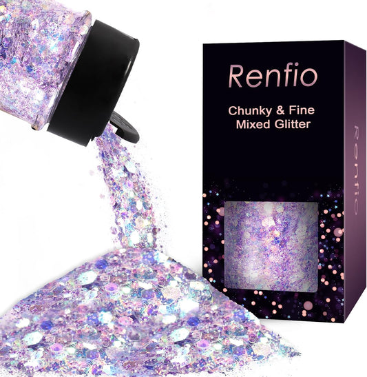 Renfio Opal Chunky Glitter, 1.75oz/50g Purple Glitter, Dreamy High Sparkle Glitter for Crafts Holographic Fine Glitter Mix Iridescent Glitters Flake for Nails Art Hair DIY Snow Globe - Lilac Asterism