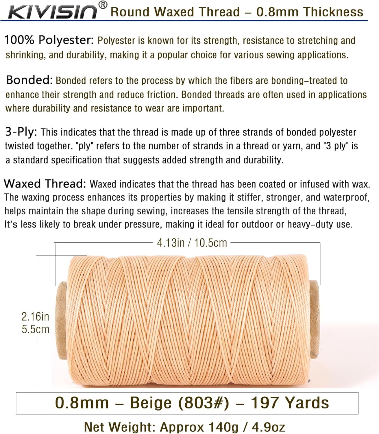 Bonded 0.8mm Round Waxed Polyester Cord, 3-ply Wax Coated Thread, 197 Yards Stiff String for Heavy Duty Fabric, Leather Sewing, Book Binding, Upholstery Repair, and Macrame Jewelry - Beige
