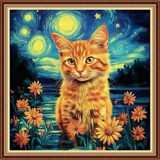Hopeart Stamped Cross Stitch Kits for Beginner Embroidery Kits for Beginners Adults DIY 11CT Cross Stitch Patterns Needlepoint Kits Crossstitching Kits-Starry Sky Cat 18x18 inch