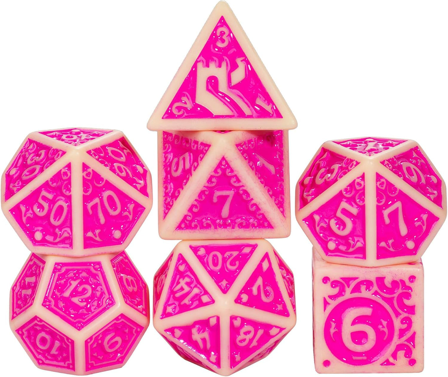 7-Die DND Dice Set New Pattern Polyhedral Dice Set with Leather Bag D&D Die for RPG Table Games(Yellow Pink)