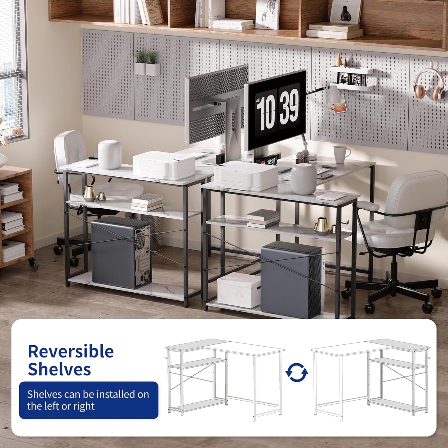 Pamray 43 Inch L Shaped Computer Desk with Reversible Side Storage Shelves, Small Corner Desk for Small Space Home Office,Writing Study Table PC Desk for Bedroom,White Marble