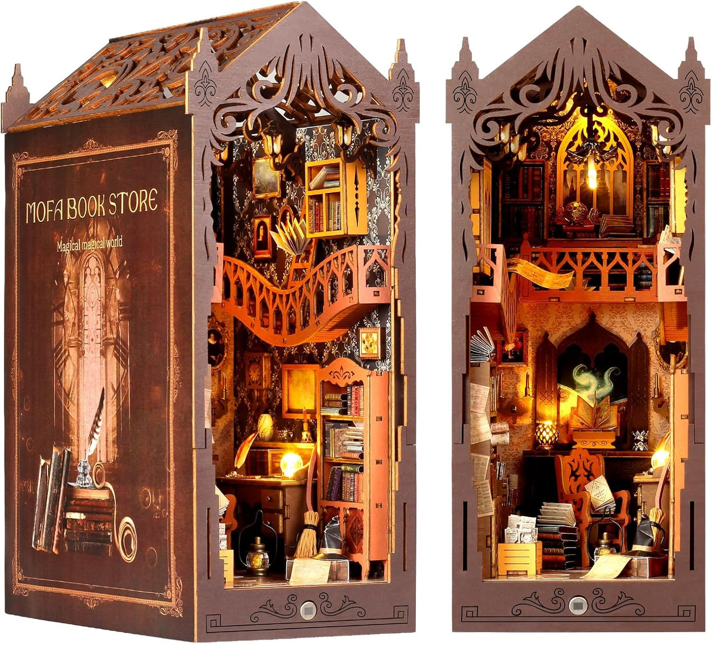 DIY Book Nook Kit, Miniature Dollhouse Bookshelf Insert with LED Light, 3D Wooden Puzzle Bookend Insert, Perfect for Teens and Adults, Magic Book