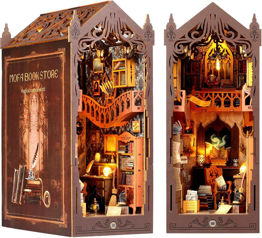 DIY Book Nook Kit, Miniature Dollhouse Bookshelf Insert with LED Light, 3D Wooden Puzzle Bookend Insert, Perfect for Teens and Adults, Magic Book