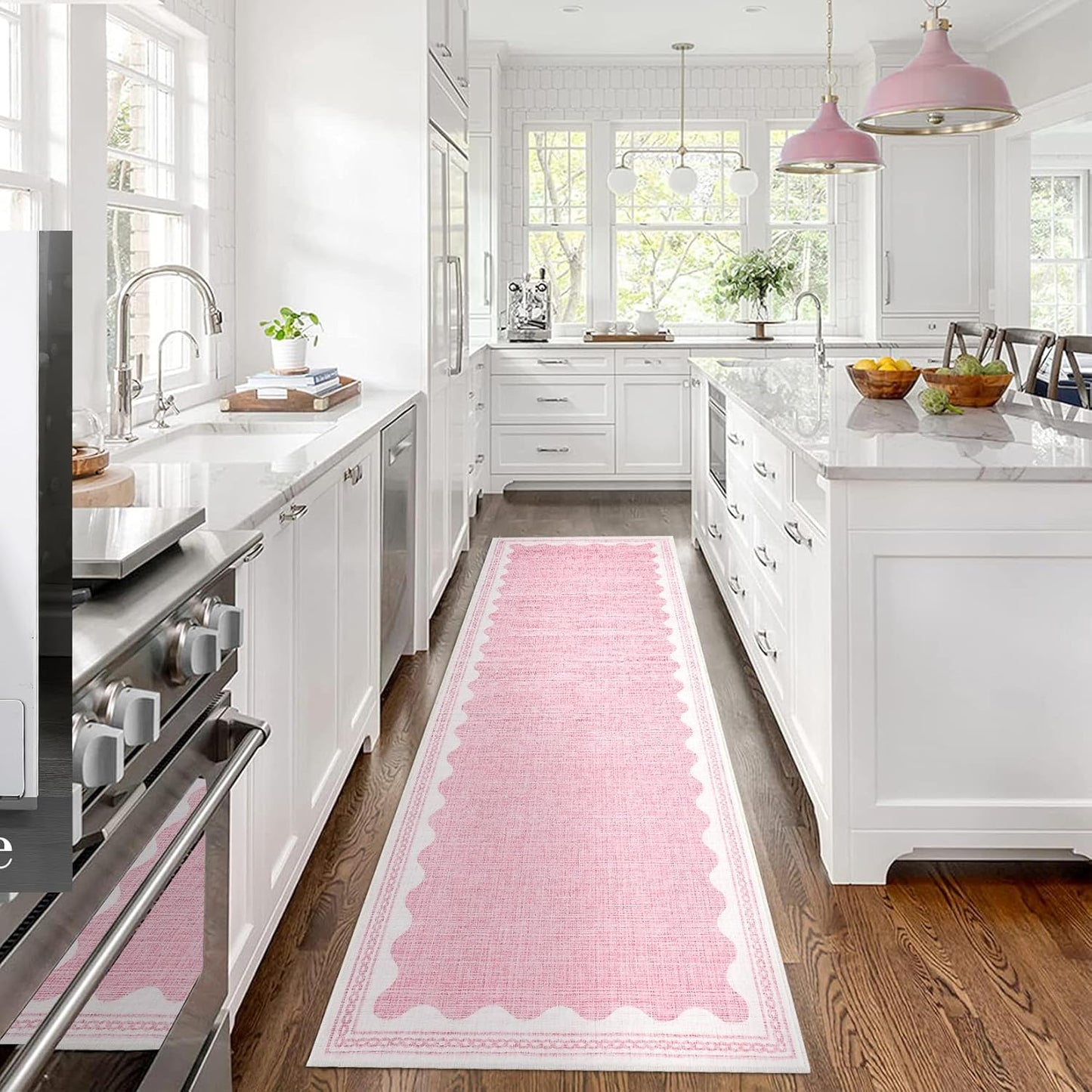 Scalloped Rug 2.5x10 Runners for Hallways, Solid Pink Non Slip Scalloped Bath Runner, Washable Rug for Bedroom Girls, Rugs for Kitchen Floor Soft Dorm Nursery Carpet for Bedside