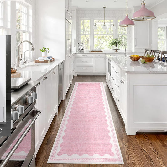 Scalloped Rug 2.5x10 Runners for Hallways, Solid Pink Non Slip Scalloped Bath Runner, Washable Rug for Bedroom Girls, Rugs for Kitchen Floor Soft Dorm Nursery Carpet for Bedside
