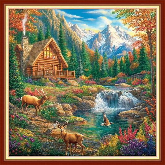 Joyhoor Cross Stitch Kits for Beginners Stamped Cross-Stitch Supplies Needlework preprint Embroidery Kits for Adults DIY Needlepoint Kits Embroidery Patterns 11CT-Forest Home 18x18 inchs