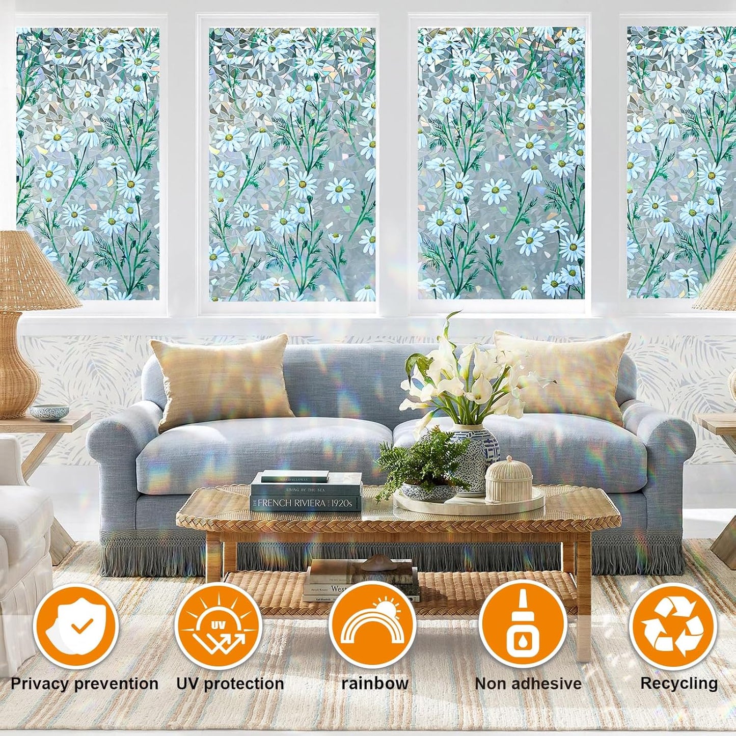 Window Privacy Film Stain Glass Window Film Rainbow Window Film Window clings Non-Adhesive Reusable Decorative for Room (Daisy Rainbow, 17.5 x 157.4 in)