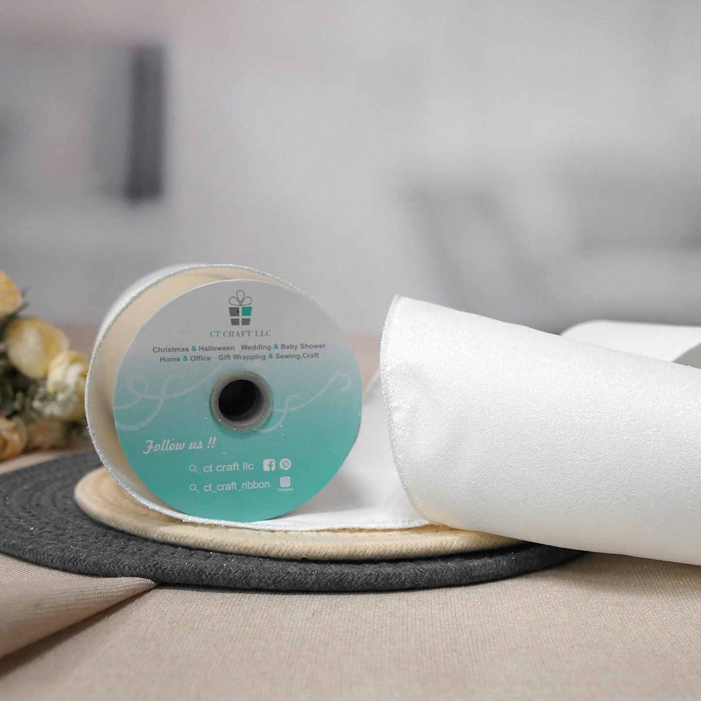 CT CRAFT LLC Glitter Wired Ribbon 6" x 10 Yards White for Christmas Home Decor Bow Gift Wrapping DIY Crafts Wreath