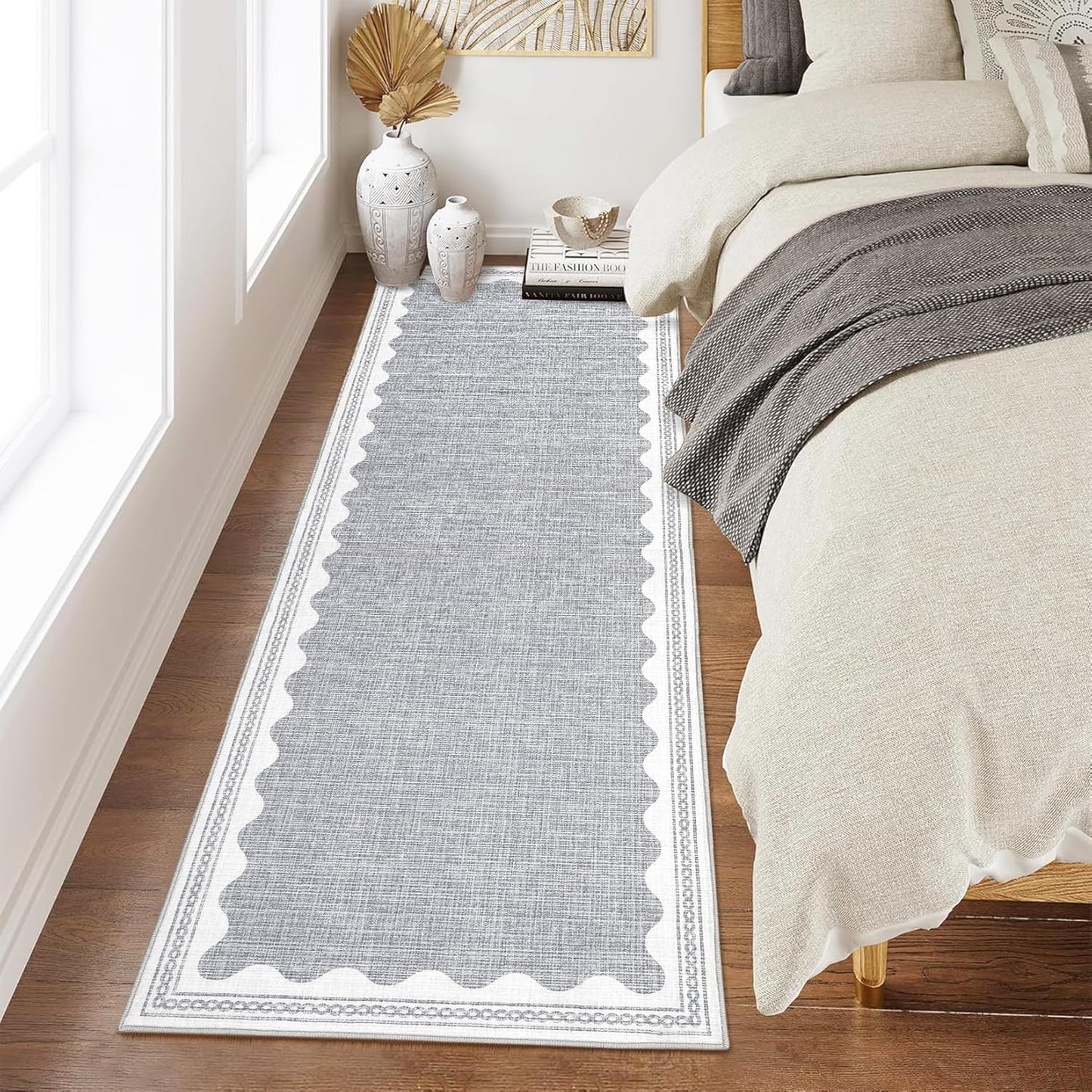 Scalloped Rug 2x6 Runners for Hallways, Solid Grey Runner Rugs Non Slip Scalloped Bath Runner, Washable Rug for Bedroom Girls, Mat for Kitchen Floor Soft Dorm Nursery Carpet for Bedside