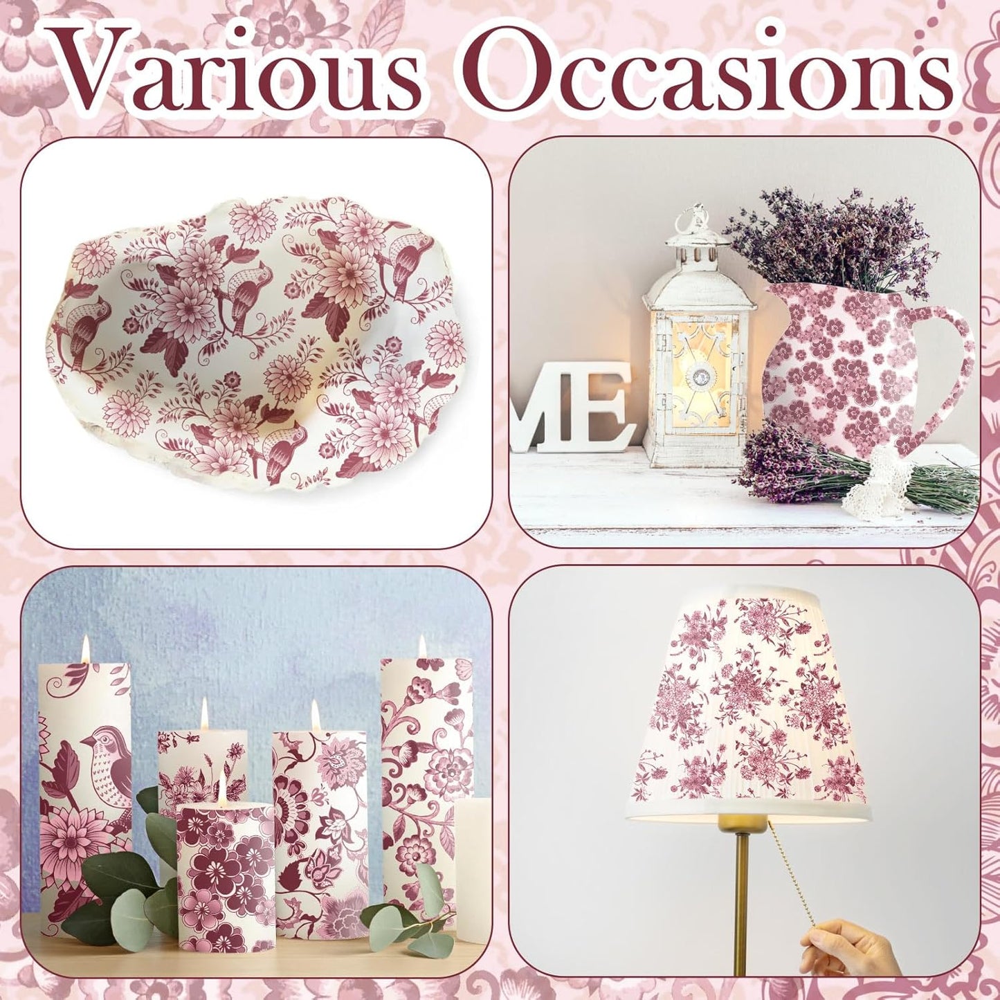 Epakh 36 Pack 6 Style Burgundy Decoupage Paper Napkins Assorted Floral Decorative Decoupage Napkin Chinoiserie Cocktail Paper for DIY Crafting Fall Christmas Wedding Party Decor, Each Unfolded 13''