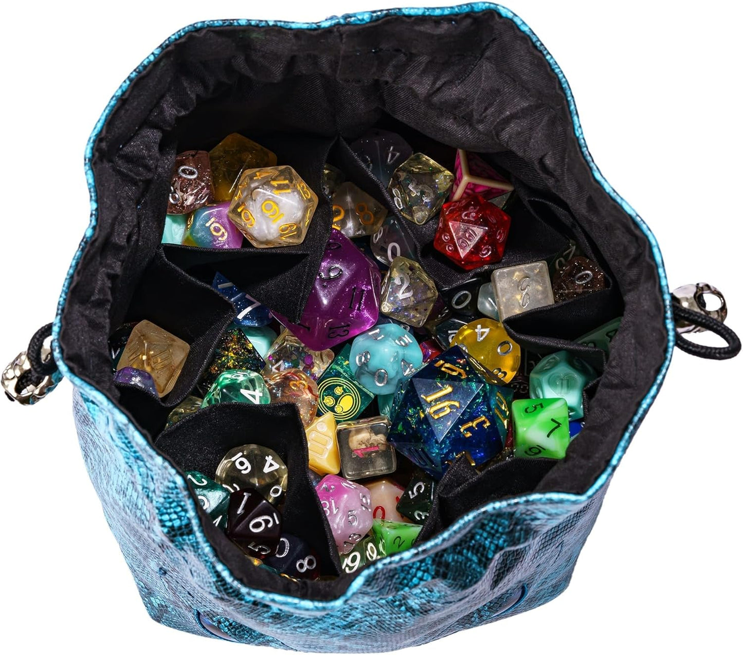 Large DND Dice Bag Leather Dice Storage Bag Blue D&D Drawstring Pouch with Pockets for RPG Table Games - Can Hold 200+ Dice