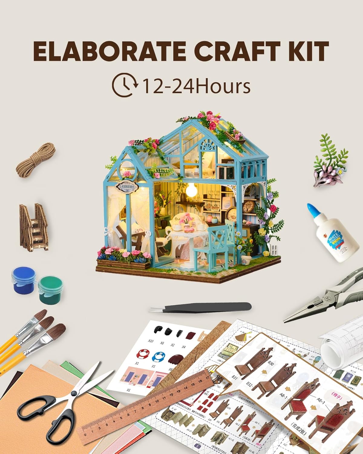 DIY Miniature House Kit, DIY Dollhouse Kit for Adults to Build, Mini House Kit with LED, Mayberry Street Miniatures, Ideal Gifts for Birthday, Halloween Christmas(Flower Garden Tea House)