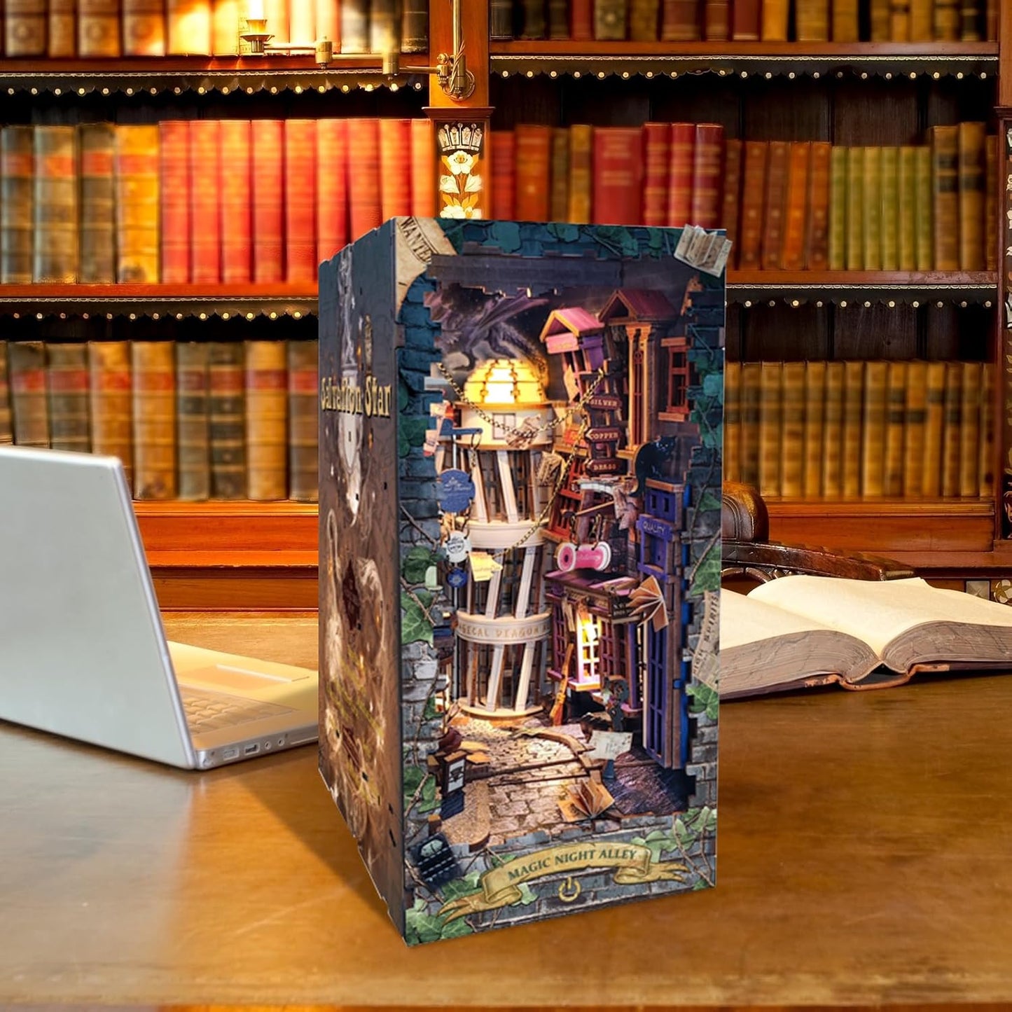 DIY Book Nook Kit,Dollhouse Booknook Bookshelf Insert Decor,3D Wooden Puzzles with LED Dust Cover,Book Nook Miniature Kit,Birthday Halloween Home Decor for Teen Adult-Magic Night Alley