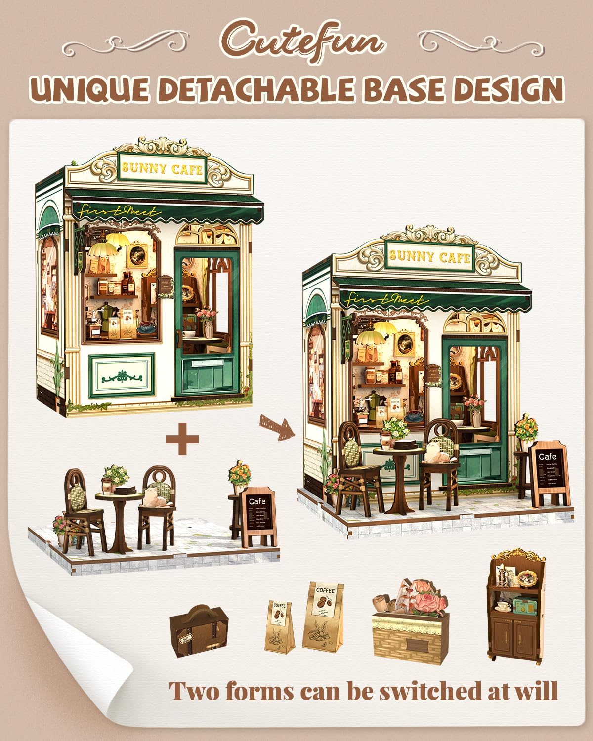 Cutefun Book Nook Kit - DIY Miniature Coffee Shop Dollhouse Kit for Adults and Teens, 3D Wooden Cafe Puzzle Mini House Building Kit with LED Bookshelf Insert Decor Creative Gifts (Sunny Cafe)