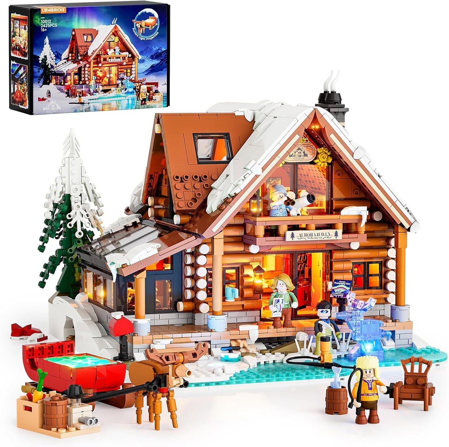 Aurora-Cabin Christmas Lighting-Building-Bricks Set - 2425 Pcs Retro House Winter Lodge LED Light Construction Building Christmas Village Model Set for Adults and Families