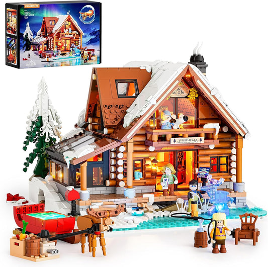 Aurora-Cabin Christmas Lighting-Building-Bricks Set - 2425 Pcs Retro House Winter Lodge LED Light Construction Building Christmas Village Model Set for Adults and Families