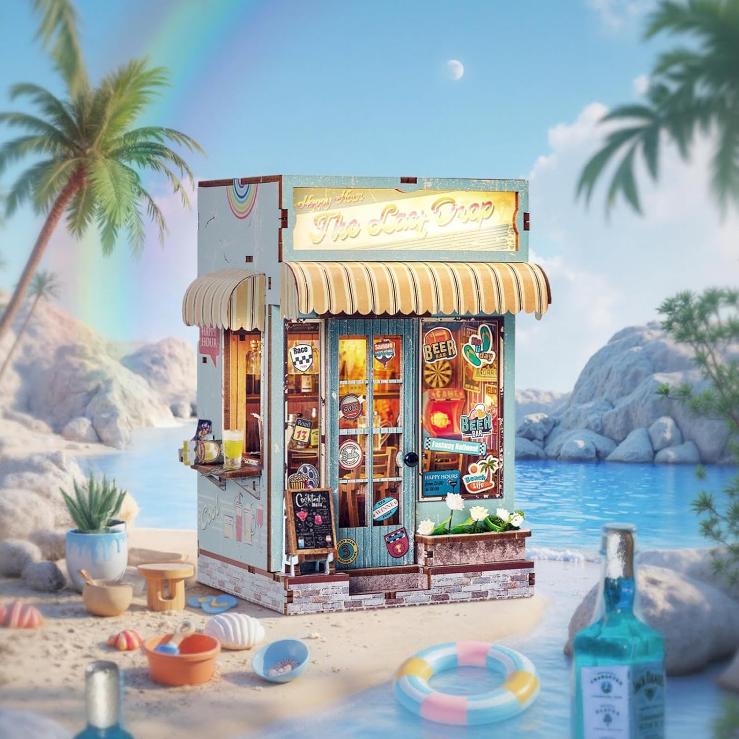 DIY Book Nook Kit, Miniature Dollhouse Bookshelf Insert with Light, Laser-Cut Wooden Craft Set for Adults, Perfect for Teens and Adults, Beach Bar