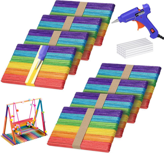 6 inch Colored Wooden Sticks Kits, 400PCS Colorful Rainbow Sticks with Hot Glue Gun and Sticks for Craft Home Popsicle Decoration Project Building Model Kid Classroom Art Craft Supplies