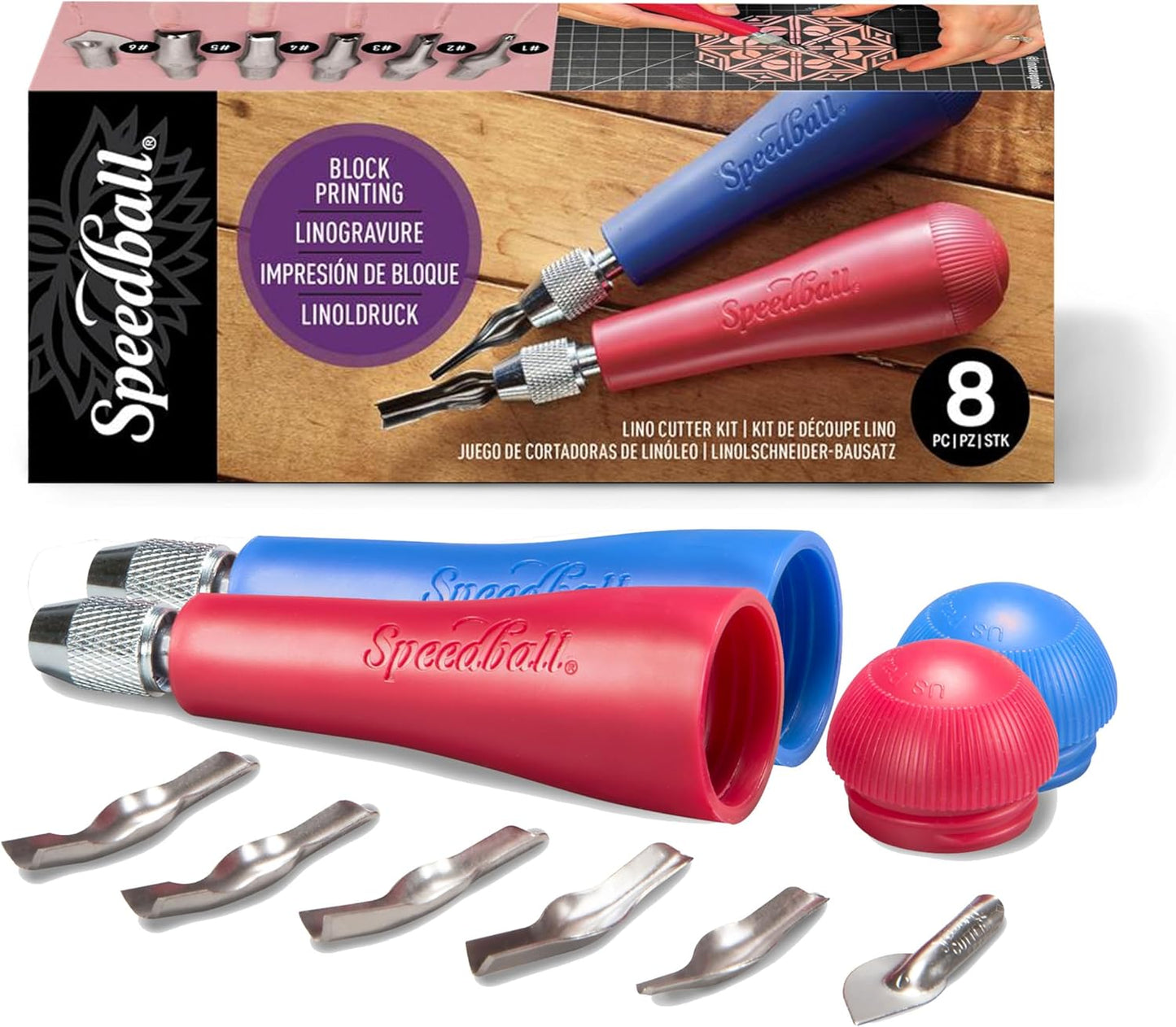 Speedball Linoleum Cutter Kit, 2-Handle Tool Set, Includes 6 Professional Linocut Carving Blades, Made in USA