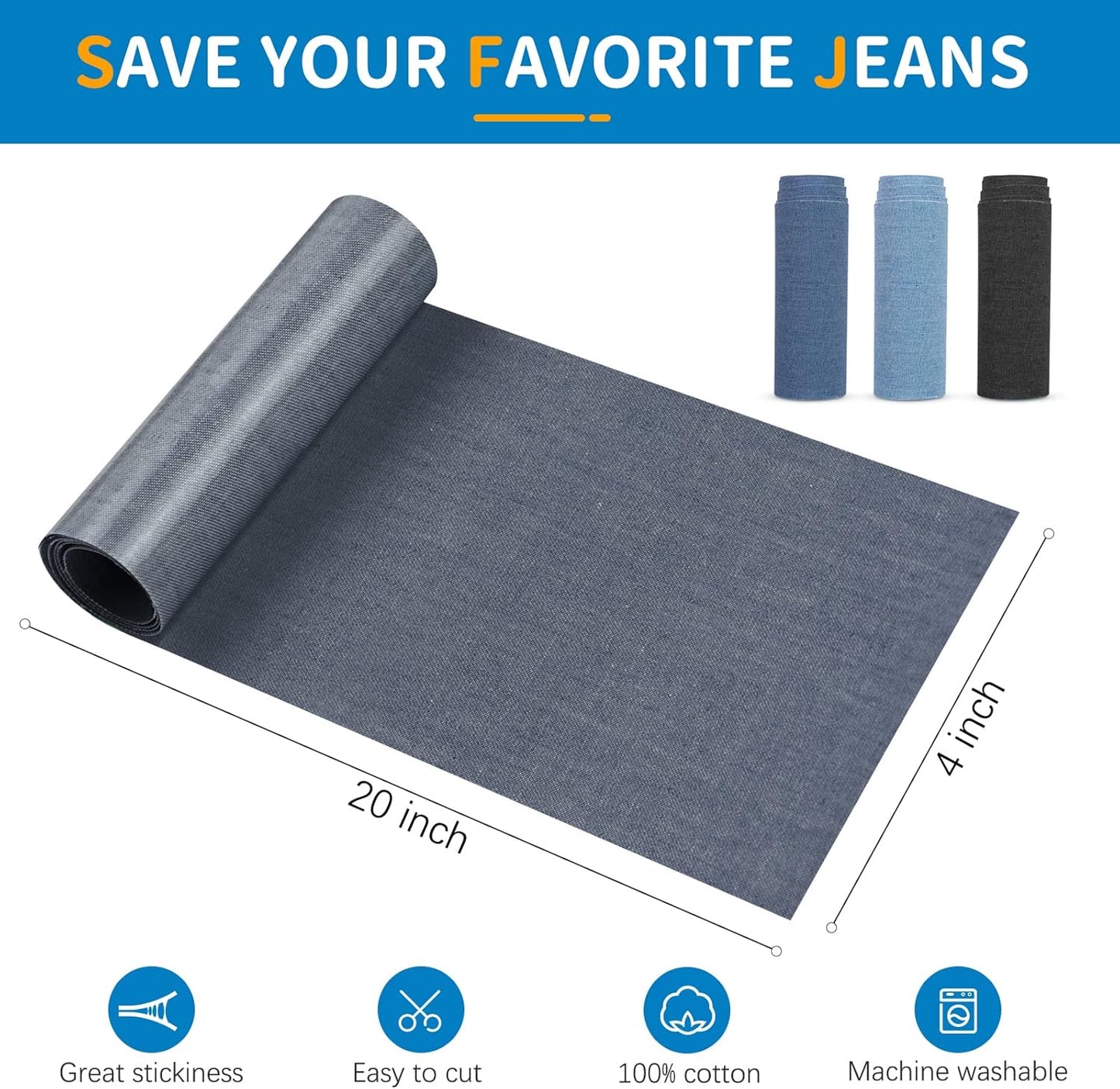 HTVRONT Iron on Patches for Clothing Repair 4 Rolls - Denim Patches for Jeans Kit 4" by 20", 4 Rolls of Iron On Denim Patches for Jeans Inside & Clothing Repair (Light Blue)