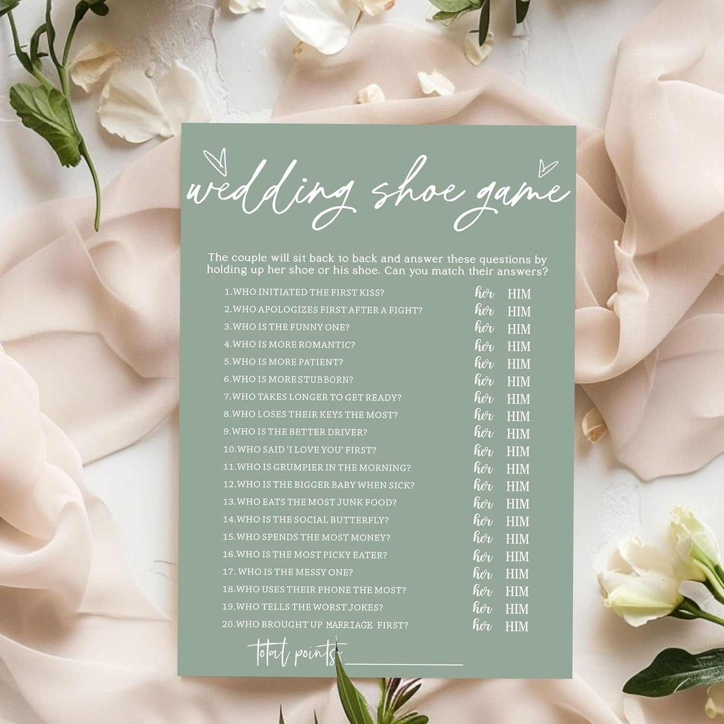 Bridal Shower Games Cards, Wedding Shoe Game, Bridal Shower Games 25 Guests, Engagement Party Wedding Games for Guests, Minimalist Green Wedding Party Supplies - C04