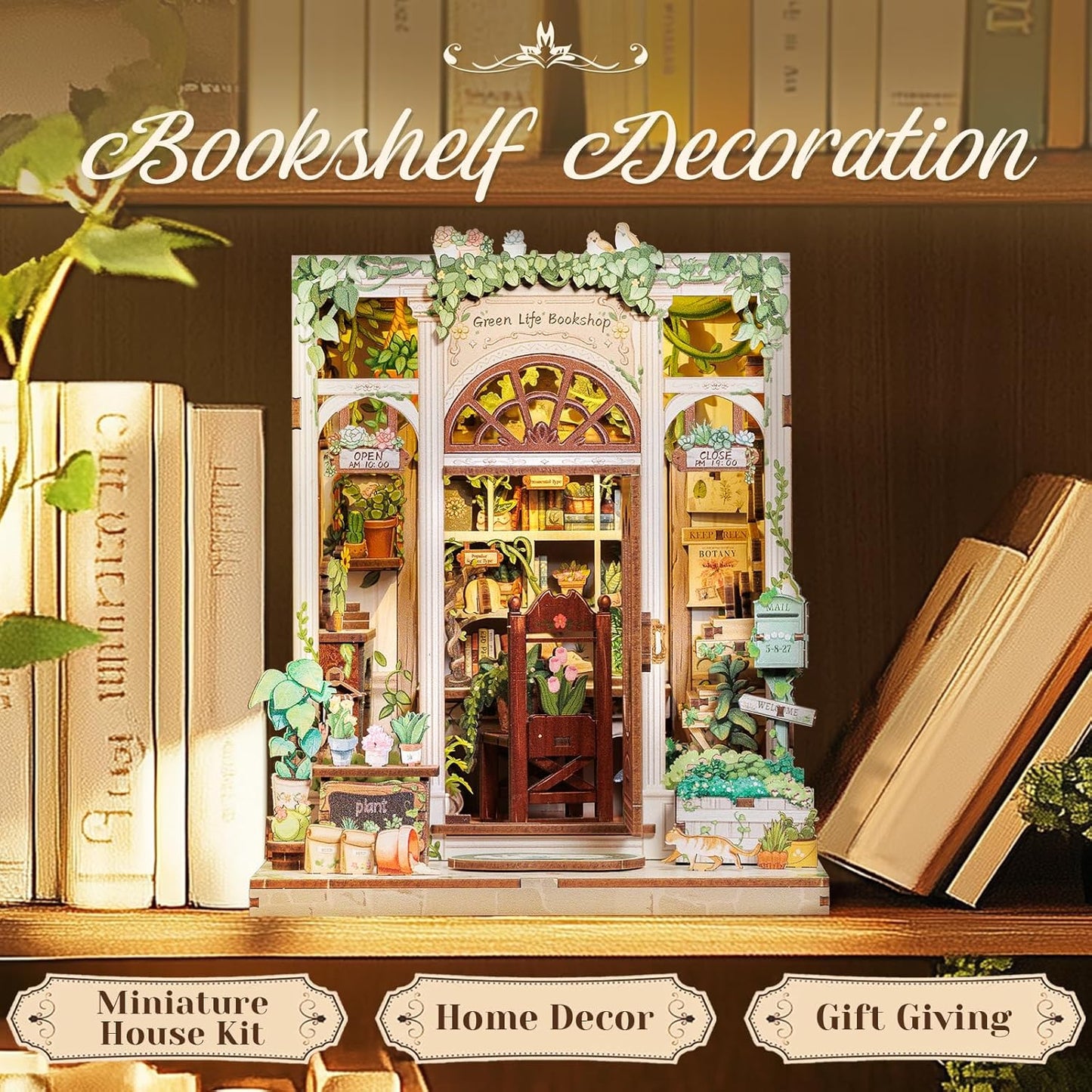 CUTEBEE Book Nook Kit - DIY Miniature House Dollhouse Kit for Adults and Teens, Booknook Tiny House Bookshelf Decor 3D Wooden Puzzle, Gifts for Family Friends (Green Life Bookshop)