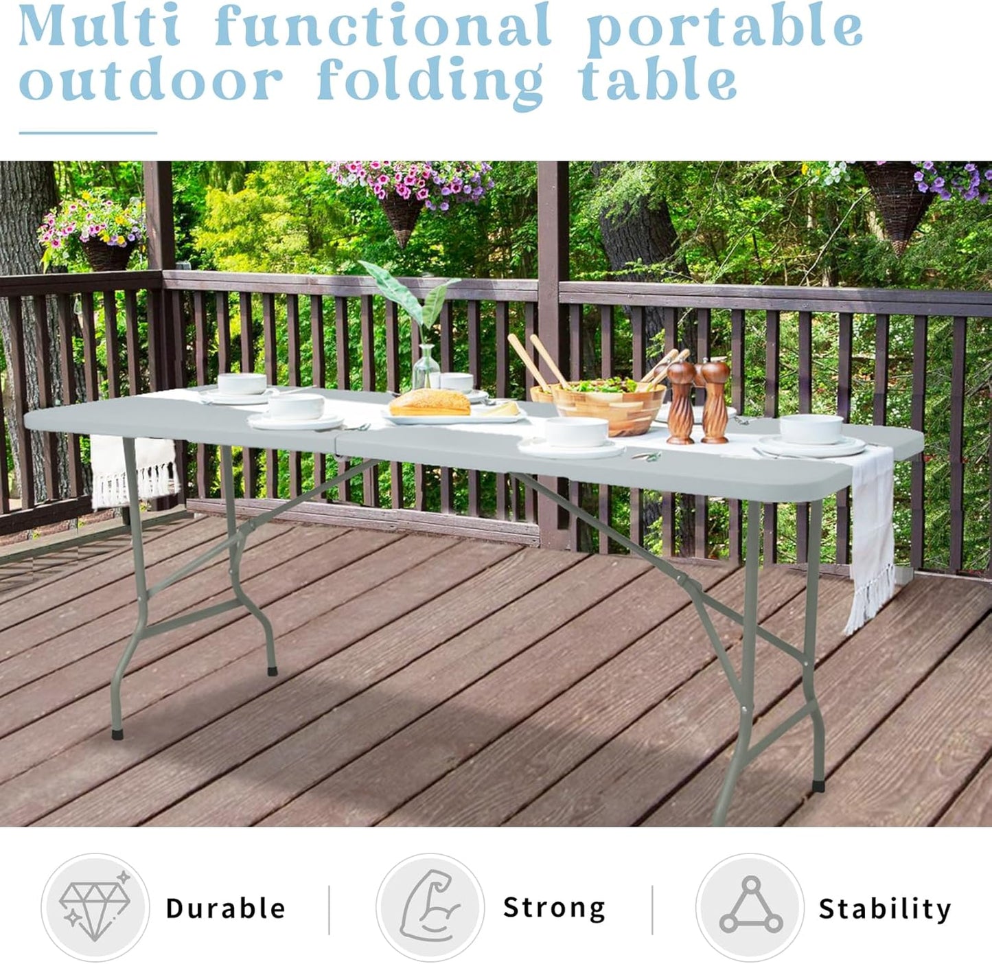 Folding Table 5FT Camping Table Portable Heavy Duty Plastic Rectangular Outdoor Dining Table Steel Legs Fold-in-Half with Carrying Handle for Indoor,Picnic,Party,Wedding,Events(Grey)