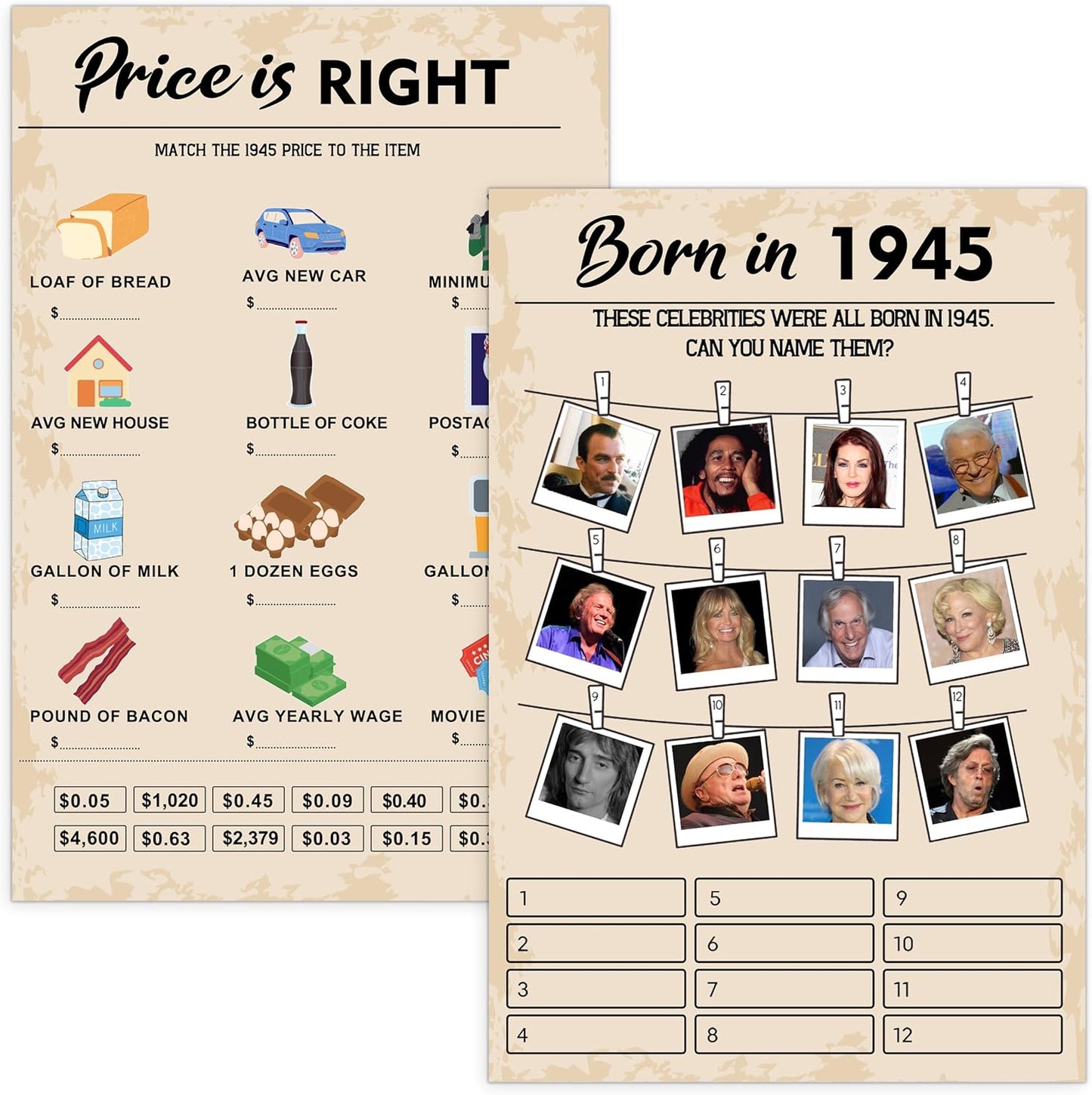 80th Birthday Party Games, Set of 2 Activities for 15 Guests, Born in 1945 Games Bundle, Birthday Party Supplies for Adults, Pack of 30 Cards