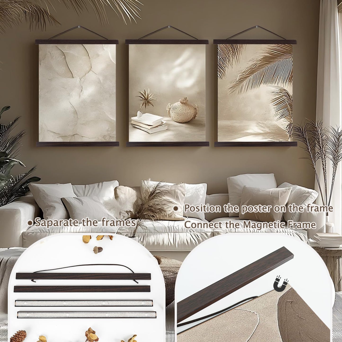 Artmag Magnetic Poster Hanger Frame, 16x24 16x22 16x20 Light Wood Wooden Magnet Canvas Artwork Print Poster Hangers Frames Hanging Kit (Walnut, 16")