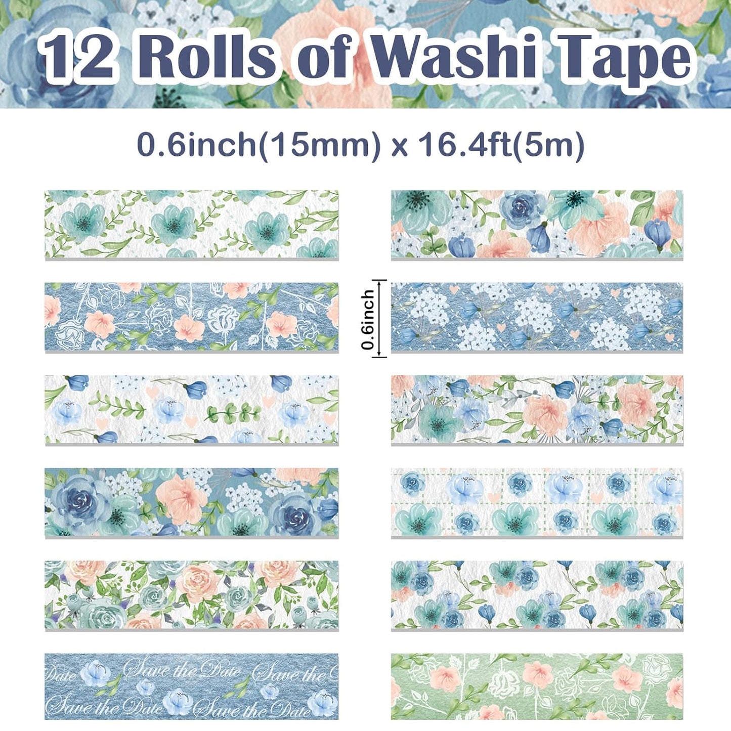 12 Rolls Floral Washi Tape, Blue Rose Flower Masking Tape, Vintage Blue Pink Floral Decorative Tapes for DIY Craft Scrapbook Journals Envelope Thanksgiving Christmas Party Decor Gift Wrapping 16.4FT