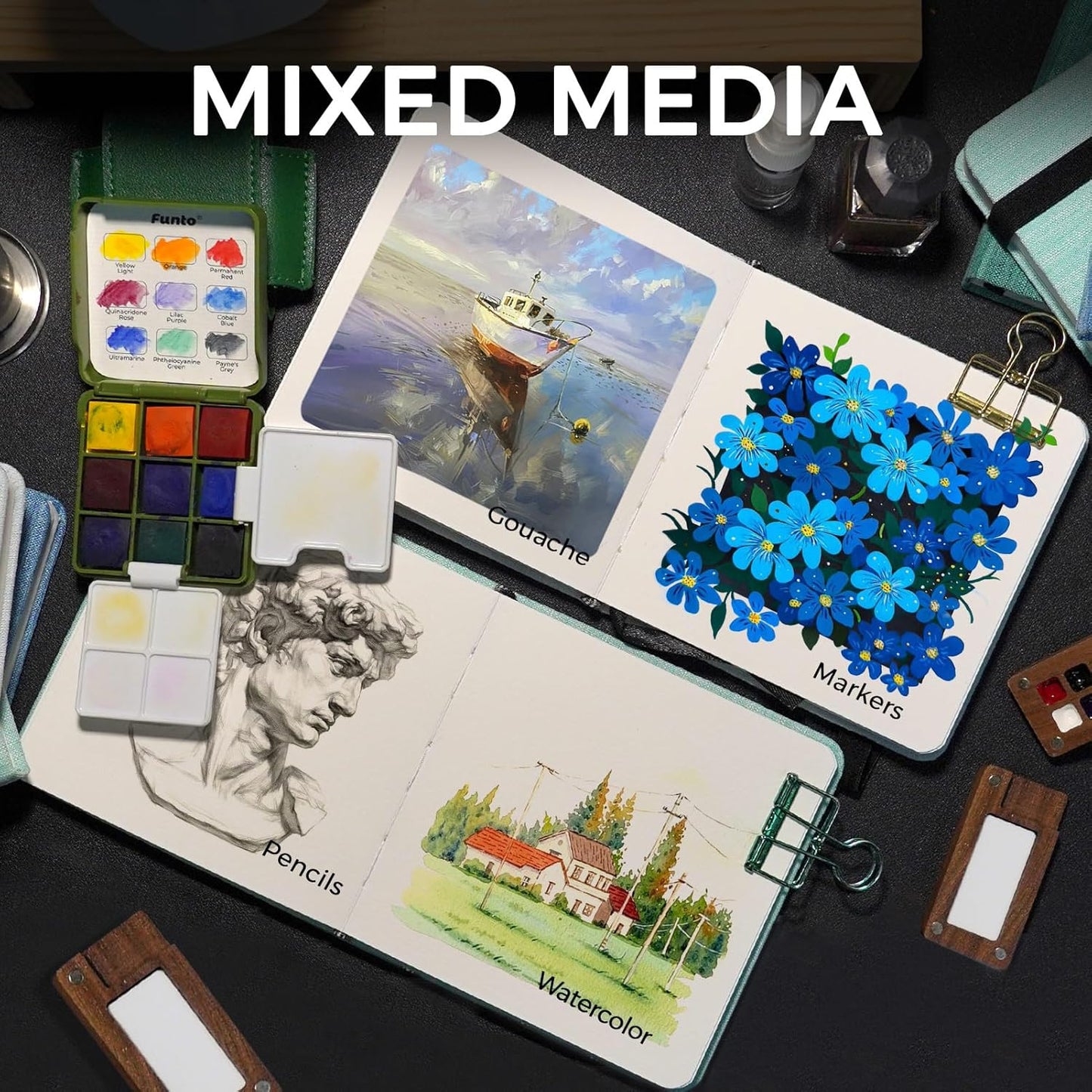 Funto Watercolor Journal, 4.7x4.7, 24 Sheets, 100% Cotton Hot Press, 300gsm/140lb, Inner Paper Pocket, Art Supplies for Mixed Media