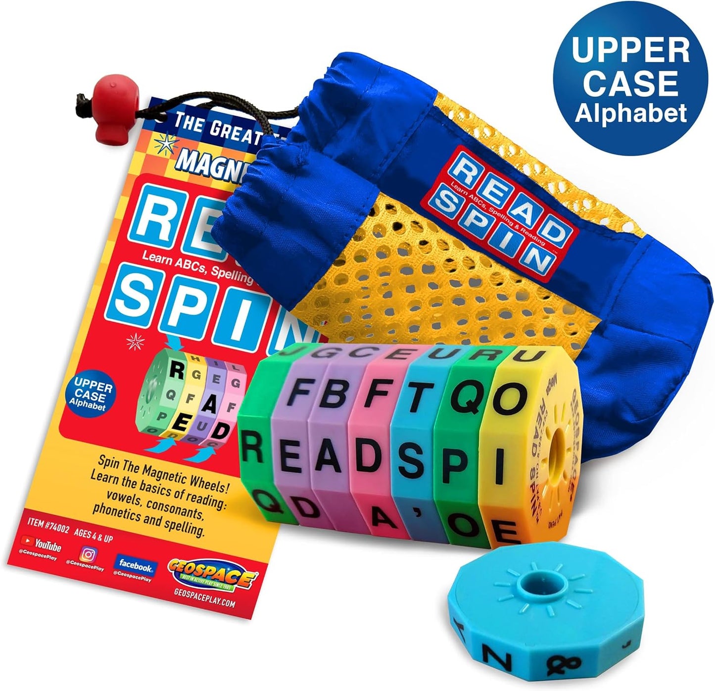 Geospace Read Spin Education Game for Kids – A Handheld Magnetic Spelling Game with Storage Pouch (Upper Case Letters)