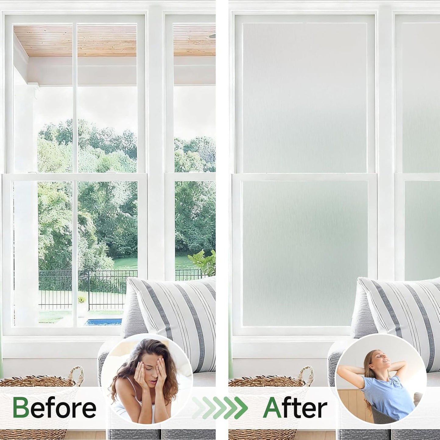 Borsky Frosted Glass Window Film - Static Cling, 96% UV Blocking Non-Adhesive Privacy Window Film, Removable Window Cling with Day & Night Privacy for Bathroom Home Office, 23.6 x 78.7 Inches, Pure