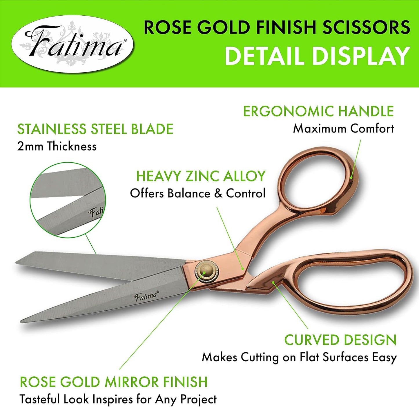 Szco Supplies 8.5” Fatima Heavy-Duty Professional Fabric Tailor Scissors For Home Crafts And Office With Rose Gold Finished Handle