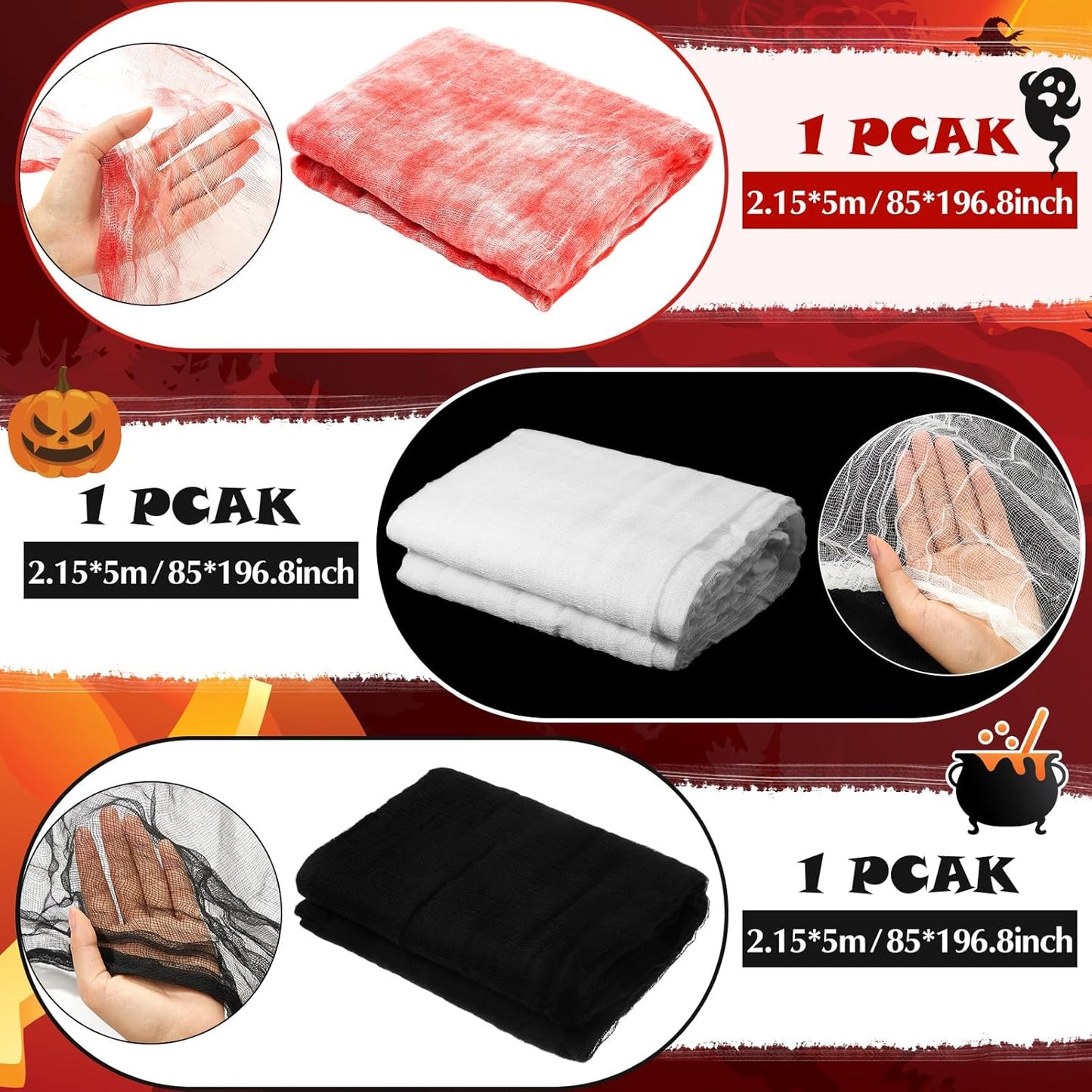 Boao Halloween Cheese cloth 85 x 197 Inch White Black and Bloody Cheesecloth Roll for Crafts Large Cotton Muslin Gauze Fabric for Halloween Outdoor & Indoor Spooky Decoration