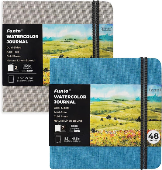 Funto Watercolor Journal, Square, 5.5x5.5, Portable 2-Pack, 48 Pages Each, Gray&Blue Cover, 110lb/230gsm, Art Supplies for Mixed Media