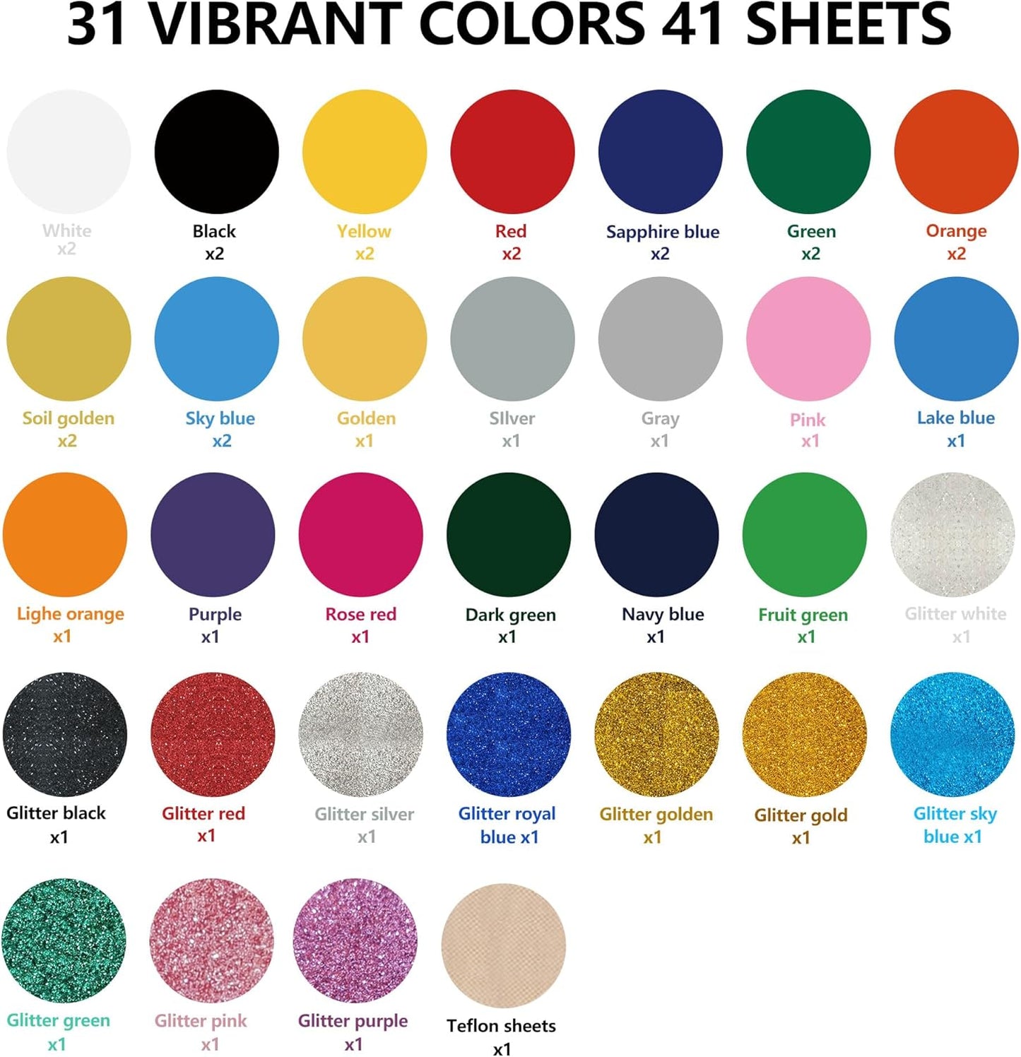 guangyintong HTV Heat Transfer Vinyl Bundle, 41 Pack 12" x 10" Iron on Vinyl for T-Shirt 31 Assorted Colors Clossy and Glitter HTV Vinyl for All Cutting Machine Easy to Cut & Weed