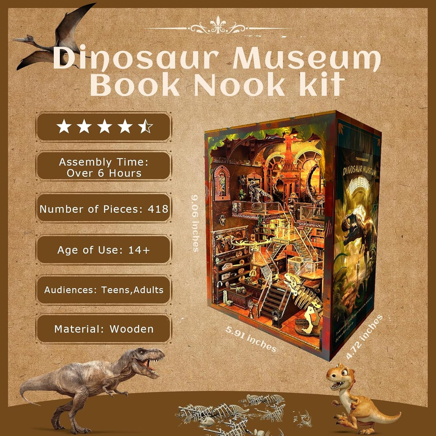 Book Nook Kit - DIY 3D Wooden Puzzle Miniature House with LED Lights - Creative Crafts for Adults - Bookshelf Insert Decor - Educational Gift for Family & Friends（Dinosaur Museum）