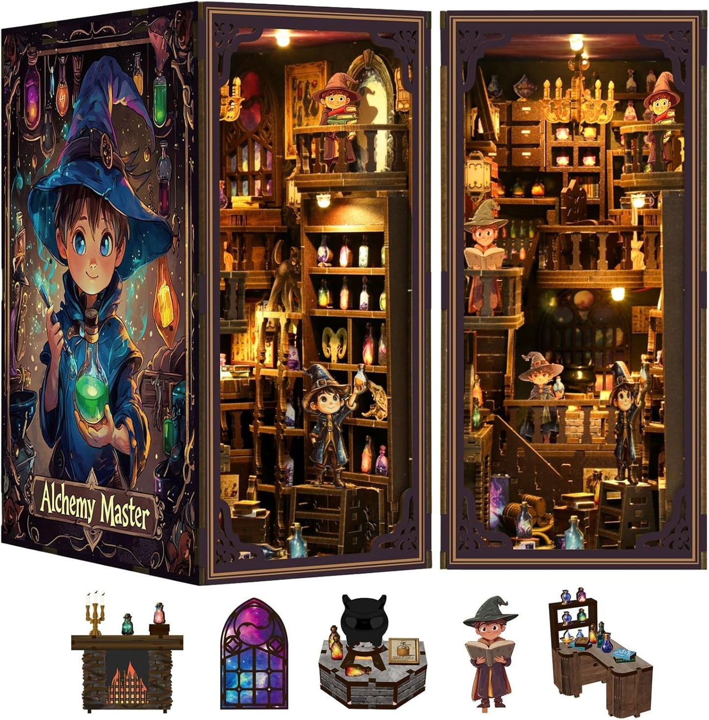 Book Nook Kit for Adults, DIY Miniature House Kit 3D Printed Booknook Wooden Puzzle Dollhouse Bookshelf Insert Decor DIY Craft Gift Model Build with LED Light for Book Lovers - Alchemy Master