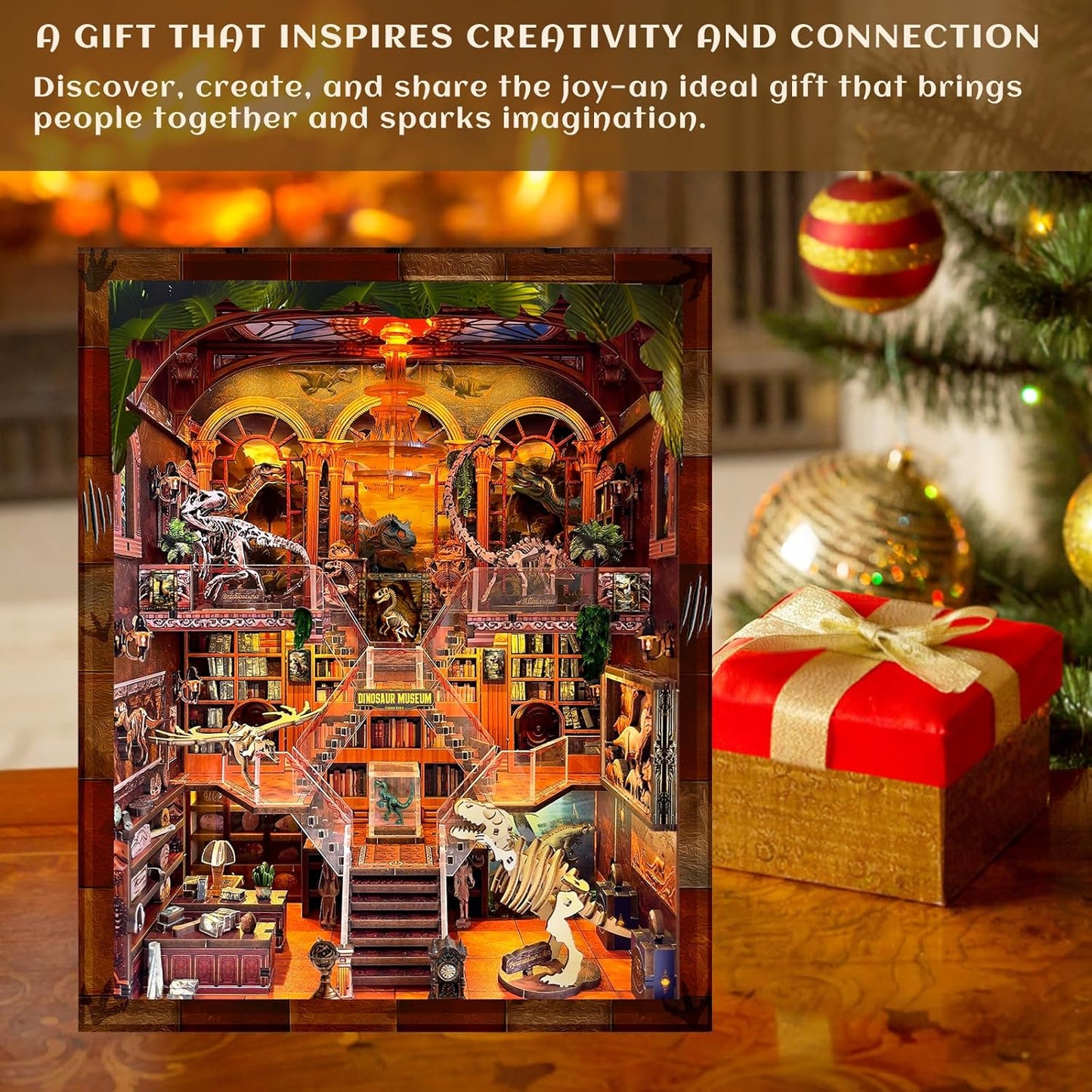 Book Nook Kit - DIY 3D Wooden Puzzle Miniature House with LED Lights - Creative Crafts for Adults - Bookshelf Insert Decor - Educational Gift for Family & Friends（Dinosaur Museum）