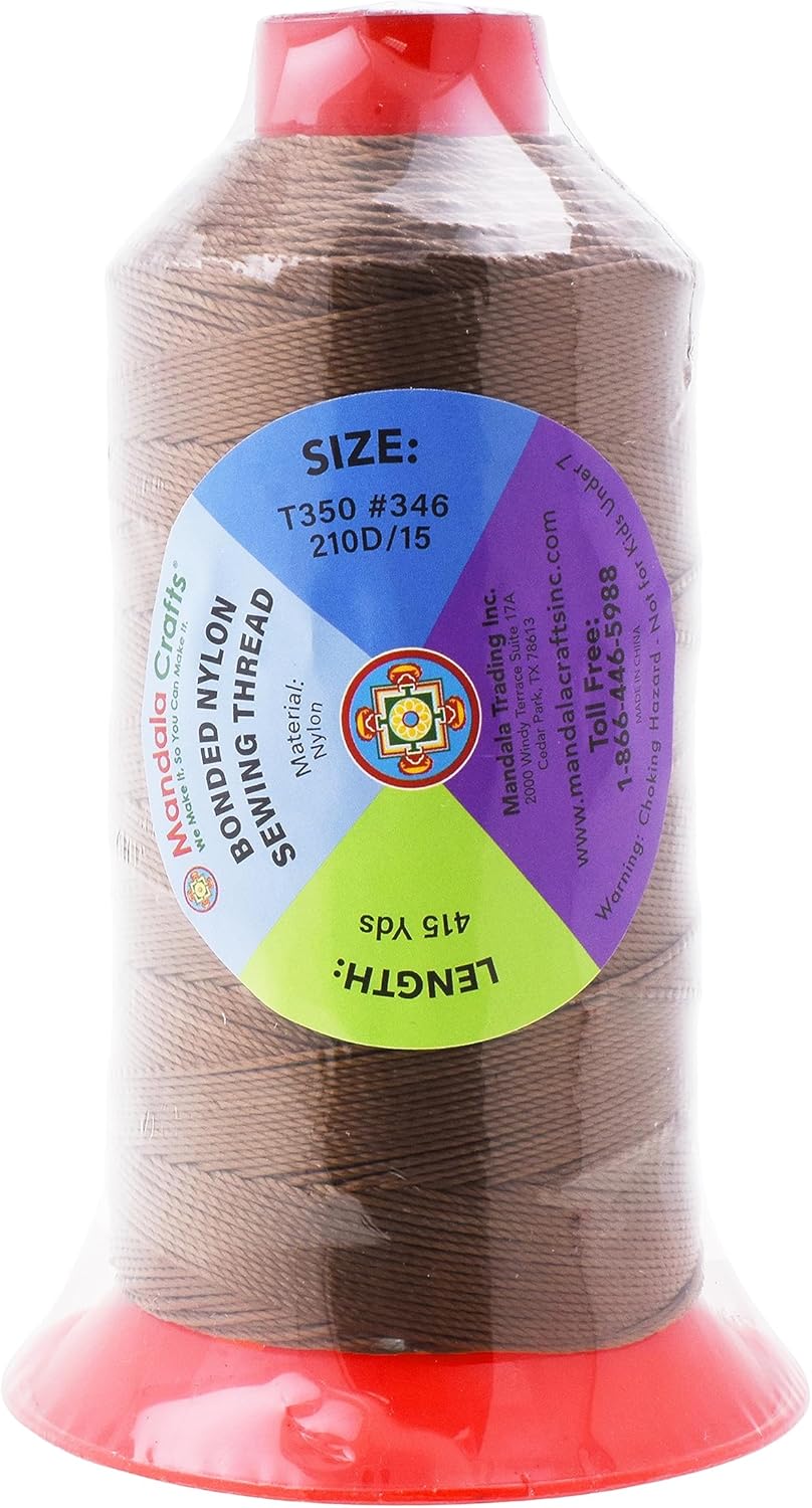 Mandala Crafts Bonded Nylon Thread Brown Heavy Duty Sewing Threads - 415 YDs Size 346 210D T350 Tex 350 Thread for Leather Jeans Weaving Outdoor Marine Upholstery Threads