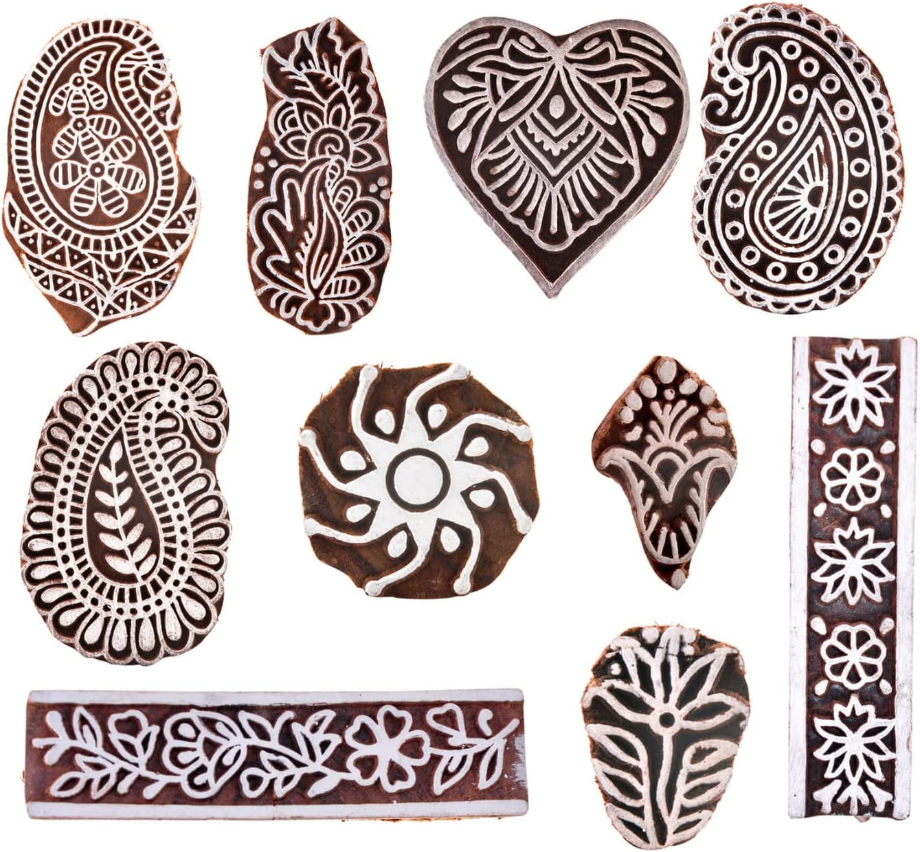 Wooden Printing Stamps Assorted Design - Handcarved Indian Textile Printing Blocks [ Pack of 37 Assorted Pc from 200 Design ] Wood Stamps for Tattoo Clay Pottery Cards Henna HASHCART®