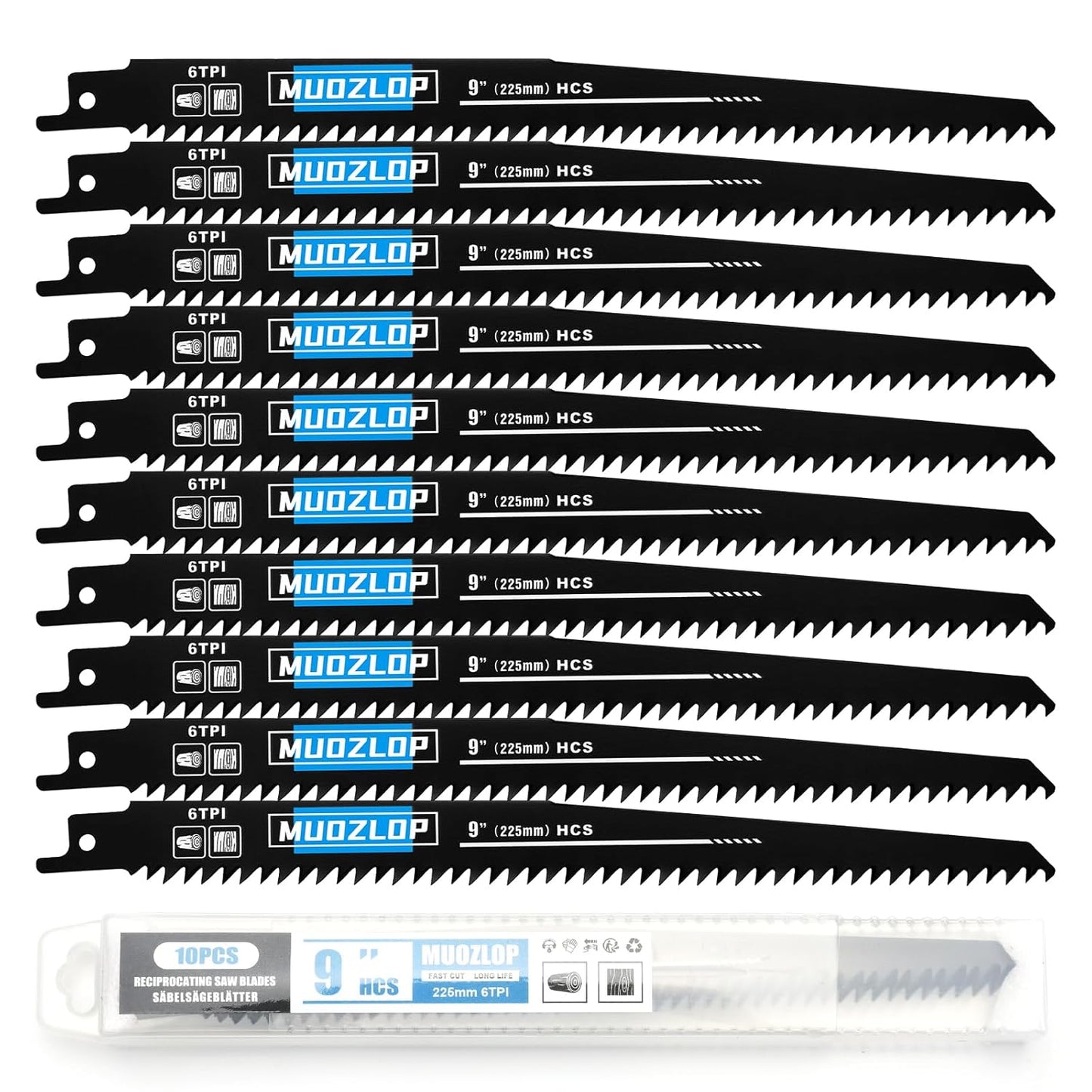 10 Pack 9 inch Reciprocating Saw Blades Set,6 TPI High Carbon Saw Blades, Woodcutting Saw Blades with Organizer Case (10, 6TPI/225mm)