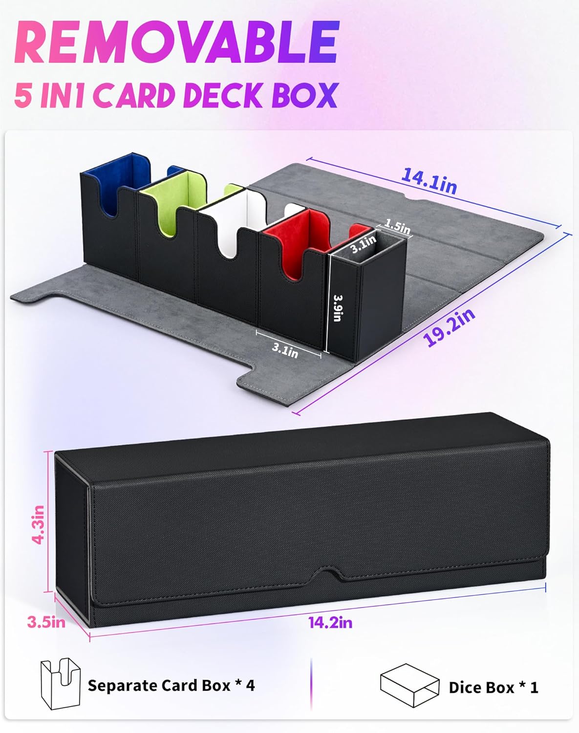 Card Deck Box with Dice Tray for MTG, 5 in 1 Card Deck Case Holds 800+ Unsleeved Cards, Strong Magnet Organizer Compatible with Yugioh TCG Sports Cards (Colorful)