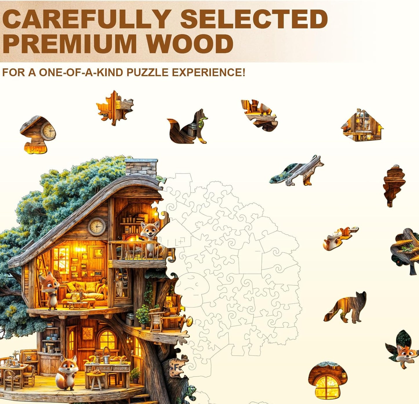 WOODBESTS Wooden Puzzles for Adults (270 Piece, L, 13.4 * 13.4in) Fox House Wood Puzzle Adult, Unique Wooden Animal Jigsaw Puzzles, Family Game and Birthday Gifts for Friend