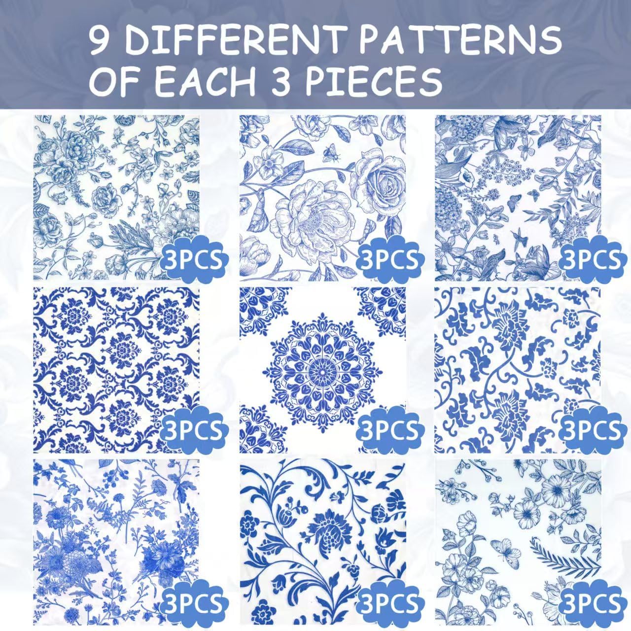 Decoupage Napkins Assorted Floral 27 Pack 9 Styles for DIY Crafting Birthday Party ， Decorative Decoupage Napkins Cocktail Paper ，Each Unfolded 13 Inch (Blue Floral)