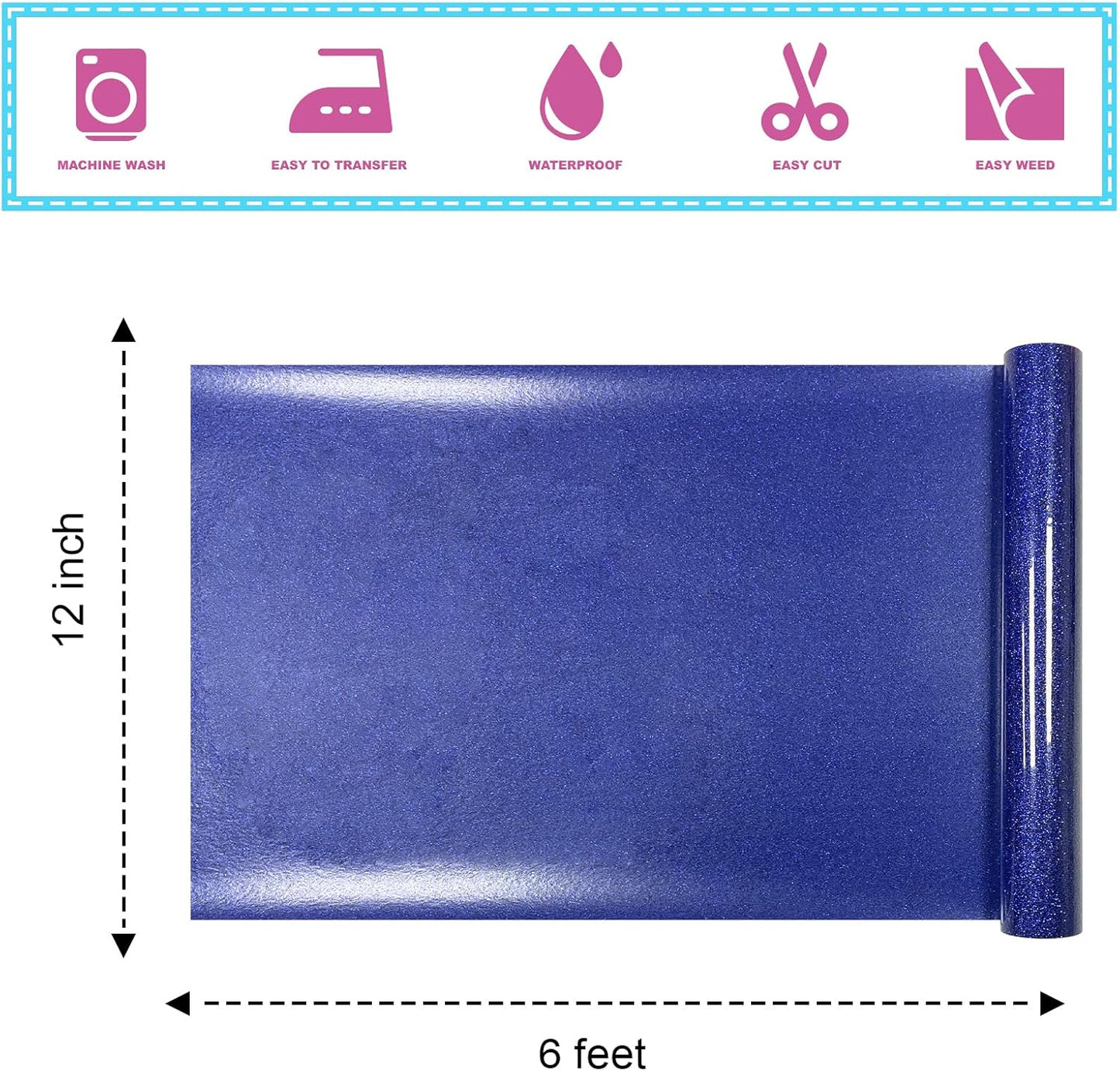 Dark Blue Glitter Heat Transfer Vinyl 12Inch*6FT Glitter Iron on Vinyl for T Shirts Easy to Cut and Weed Compatible with All Cutter Machines HTV Iron on Vinyl for Cricut (Dark Blue)